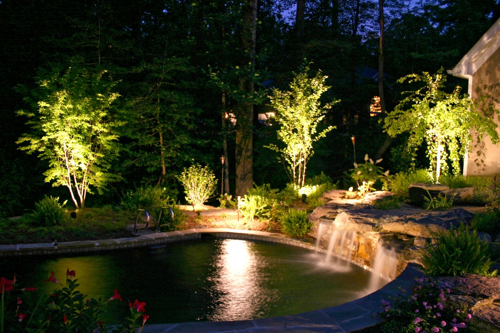 Rock Waterfall with Outdoor Lighting